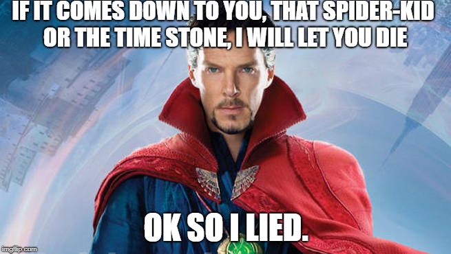 Tony Stark Lives! | IF IT COMES DOWN TO YOU, THAT SPIDER-KID OR THE TIME STONE, I WILL LET YOU DIE; OK SO I LIED. | image tagged in infinity war,avengers,avengers infinity war,dr strange | made w/ Imgflip meme maker
