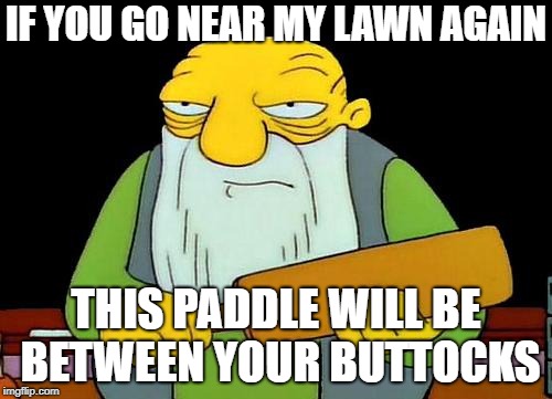 That's a paddlin' | IF YOU GO NEAR MY LAWN AGAIN; THIS PADDLE WILL BE BETWEEN YOUR BUTTOCKS | image tagged in memes,that's a paddlin' | made w/ Imgflip meme maker