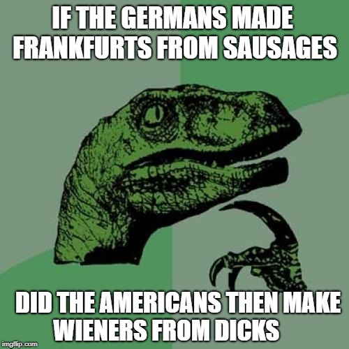Philosoraptor | IF THE GERMANS MADE FRANKFURTS FROM SAUSAGES; DID THE AMERICANS THEN MAKE WIENERS FROM DICKS | image tagged in memes,philosoraptor,usa,dick,sausage | made w/ Imgflip meme maker