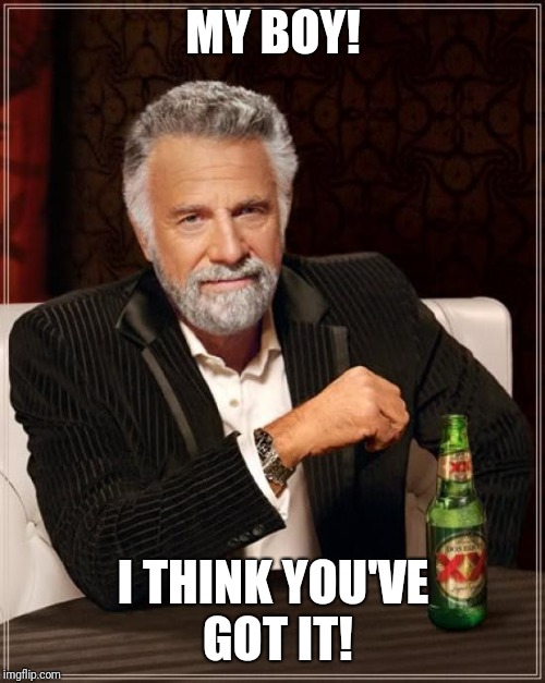 The Most Interesting Man In The World Meme | MY BOY! I THINK YOU'VE GOT IT! | image tagged in memes,the most interesting man in the world | made w/ Imgflip meme maker
