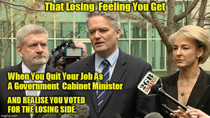 That Losing Feeling You Get | That Losing  Feeling You Get; When You Quit Your Job As A Government  Cabinet Minister; AND REALISE YOU VOTED FOR THE LOSING SIDE. | image tagged in michealia cash,mathias corman,mitch fifield | made w/ Imgflip meme maker