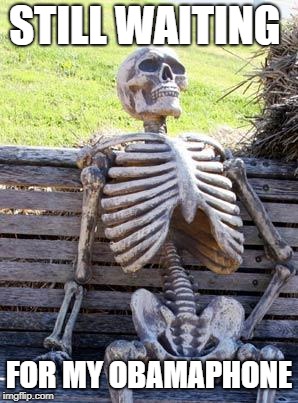 Typical Liberal | STILL WAITING; FOR MY OBAMAPHONE | image tagged in memes,waiting skeleton | made w/ Imgflip meme maker