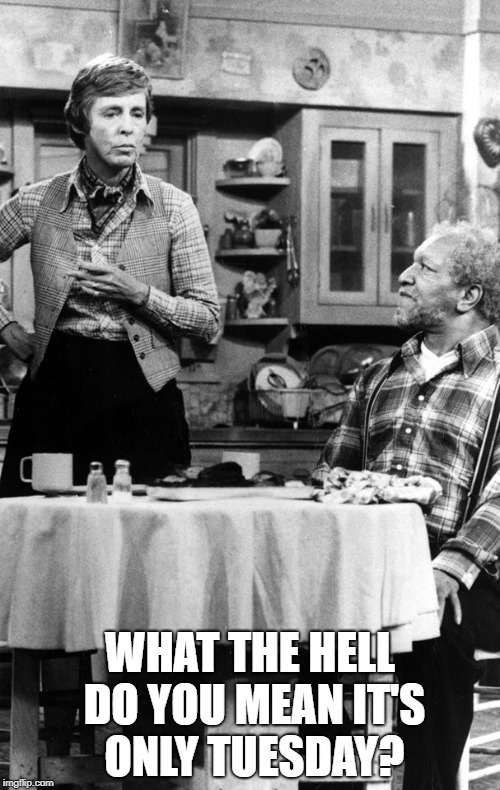 Only Tuesday | WHAT THE HELL DO YOU MEAN IT'S ONLY TUESDAY? | image tagged in tuesday,sanford,fred | made w/ Imgflip meme maker