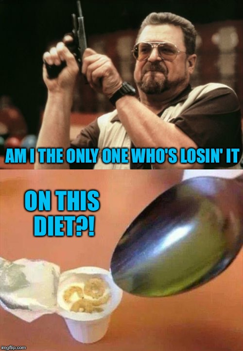 

Oh hell no!
 | AM I THE ONLY ONE WHO'S LOSIN' IT; ON THIS DIET?! | image tagged in am i the only one around here,diet,memes,funny | made w/ Imgflip meme maker