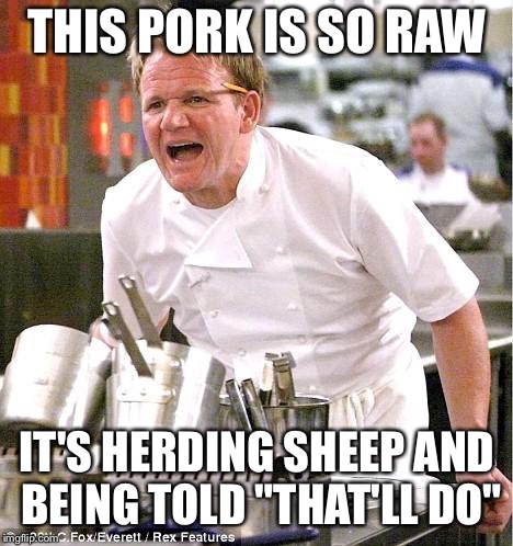 Chef Gordon Ramsay | THIS PORK IS SO RAW; IT'S HERDING SHEEP AND BEING TOLD "THAT'LL DO" | image tagged in memes,chef gordon ramsay | made w/ Imgflip meme maker