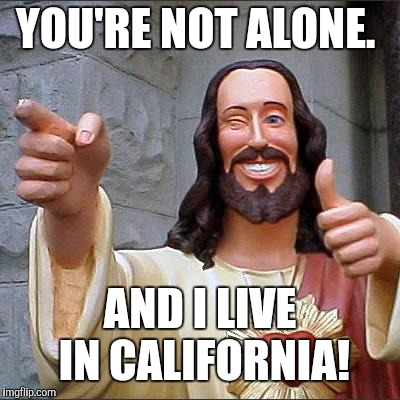 YOU'RE NOT ALONE. AND I LIVE IN CALIFORNIA! | image tagged in memes,buddy christ | made w/ Imgflip meme maker
