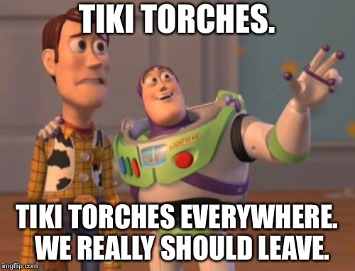 We Really Should Leave. | TIKI TORCHES. TIKI TORCHES EVERYWHERE.
   WE REALLY SHOULD LEAVE. | image tagged in memes,x x everywhere | made w/ Imgflip meme maker