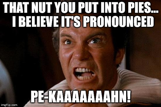 How do you pronounce "pecan"? | THAT NUT YOU PUT INTO PIES...  I BELIEVE IT'S PRONOUNCED; PE-KAAAAAAAHN! | image tagged in kirk kahn yell | made w/ Imgflip meme maker