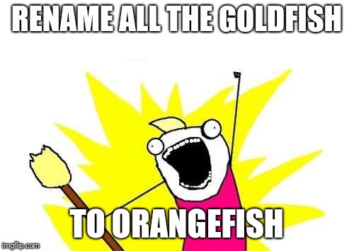 X All The Y Meme | RENAME ALL THE GOLDFISH TO ORANGEFISH | image tagged in memes,x all the y | made w/ Imgflip meme maker