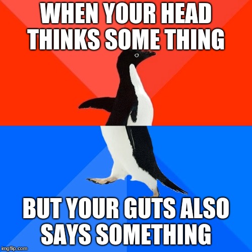 Socially Awesome Awkward Penguin | WHEN YOUR HEAD THINKS SOME THING; BUT YOUR GUTS ALSO SAYS SOMETHING | image tagged in memes,socially awesome awkward penguin | made w/ Imgflip meme maker