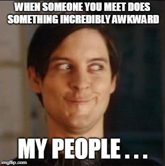 Awkward Spiderman | WHEN SOMEONE YOU MEET DOES SOMETHING INCREDIBLY AWKWARD; MY PEOPLE . . . | image tagged in derp,spiderman,awkward,friendship,derpy,my people | made w/ Imgflip meme maker