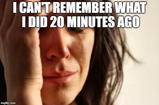 First World Problems Meme | I CAN'T REMEMBER WHAT I DID 20 MINUTES AGO | image tagged in memes,first world problems | made w/ Imgflip meme maker