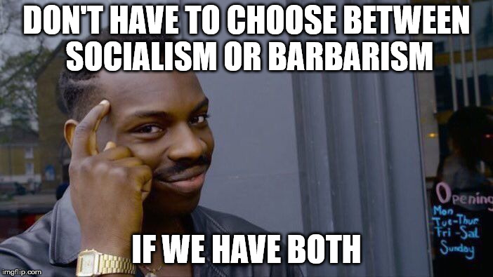 Roll Safe Think About It | DON'T HAVE TO CHOOSE BETWEEN SOCIALISM OR BARBARISM; IF WE HAVE BOTH | image tagged in memes,roll safe think about it | made w/ Imgflip meme maker