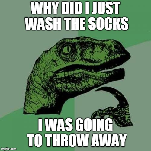 Sock Behaviors | WHY DID I JUST WASH THE SOCKS; I WAS GOING TO THROW AWAY | image tagged in memes,philosoraptor,socks,washing | made w/ Imgflip meme maker