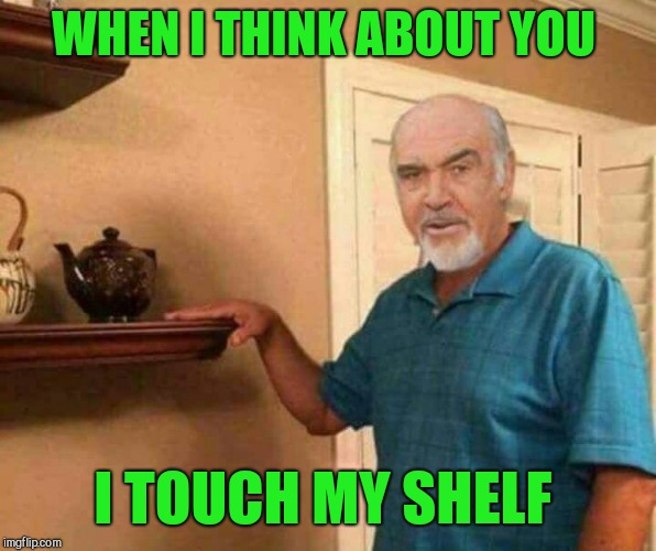 I touch my shelf  | WHEN I THINK ABOUT YOU; I TOUCH MY SHELF | image tagged in jbmemegeek,sean connery,memes | made w/ Imgflip meme maker