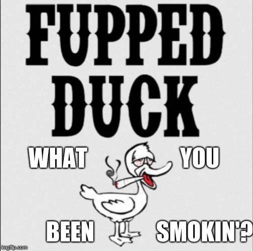 Fupped Duck










fupped 











Fupped Duck
 | WHAT                     YOU; BEEN              SMOKIN'? | image tagged in what you,been smokin | made w/ Imgflip meme maker