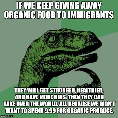 Philosoraptor | IF WE KEEP GIVING AWAY ORGANIC FOOD TO IMMIGRANTS; THEY WILL GET STRONGER, HEALTHIER, AND HAVE MORE KIDS. THEN THEY CAN TAKE OVER THE WORLD. ALL BECAUSE WE DIDN'T WANT TO SPEND 9.99 FOR ORGANIC PRODUCE. | image tagged in memes,philosoraptor | made w/ Imgflip meme maker