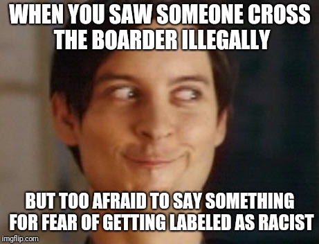 Spiderman Peter Parker | WHEN YOU SAW SOMEONE CROSS THE BOARDER ILLEGALLY; BUT TOO AFRAID TO SAY SOMETHING FOR FEAR OF GETTING LABELED AS RACIST | image tagged in memes,spiderman peter parker | made w/ Imgflip meme maker