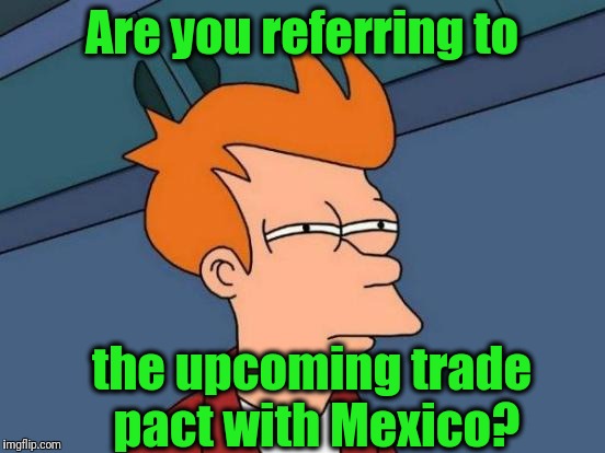 Futurama Fry Meme | Are you referring to the upcoming trade pact with Mexico? | image tagged in memes,futurama fry | made w/ Imgflip meme maker