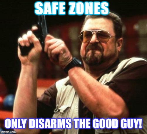 gun | SAFE ZONES; ONLY DISARMS THE GOOD GUY! | image tagged in gun | made w/ Imgflip meme maker