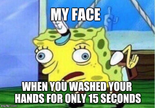 Mocking Spongebob | MY FACE; WHEN YOU WASHED YOUR HANDS FOR ONLY 15 SECONDS | image tagged in memes,mocking spongebob | made w/ Imgflip meme maker