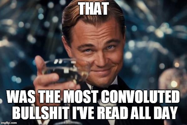 Leonardo Dicaprio Cheers Meme | THAT WAS THE MOST CONVOLUTED BULLSHIT I'VE READ ALL DAY | image tagged in memes,leonardo dicaprio cheers | made w/ Imgflip meme maker