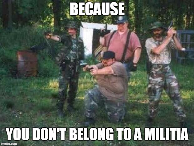 redneck militia | BECAUSE YOU DON'T BELONG TO A MILITIA | image tagged in redneck militia | made w/ Imgflip meme maker