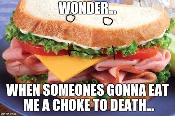Sandwich | WONDER... WHEN SOMEONES GONNA EAT ME A CHOKE TO DEATH... | image tagged in sandwich | made w/ Imgflip meme maker
