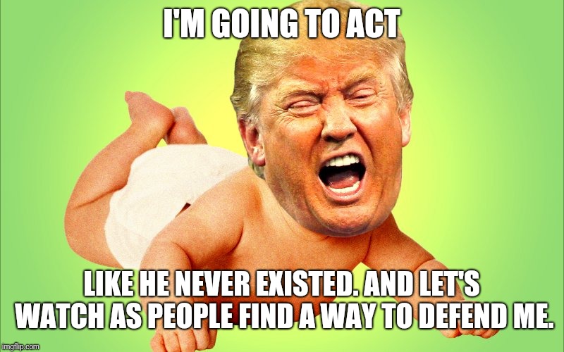 Baby Trump | I'M GOING TO ACT LIKE HE NEVER EXISTED. AND LET'S WATCH AS PEOPLE FIND A WAY TO DEFEND ME. | image tagged in baby trump | made w/ Imgflip meme maker
