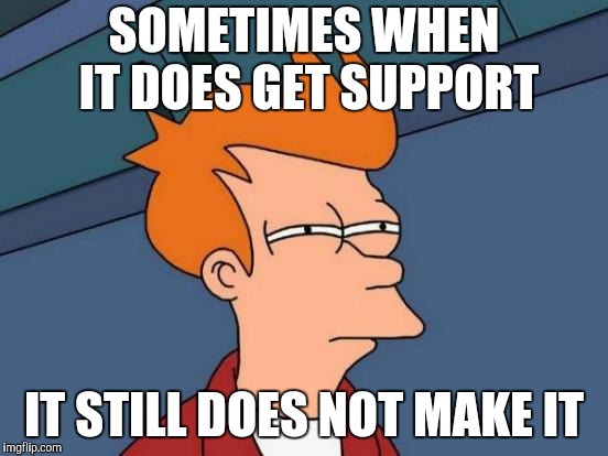 Futurama Fry Meme | SOMETIMES WHEN IT DOES GET SUPPORT IT STILL DOES NOT MAKE IT | image tagged in memes,futurama fry | made w/ Imgflip meme maker