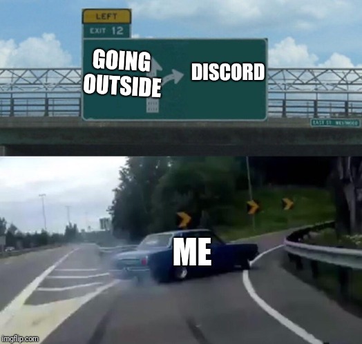 Left Exit 12 Off Ramp | DISCORD; GOING OUTSIDE; ME | image tagged in memes,left exit 12 off ramp | made w/ Imgflip meme maker