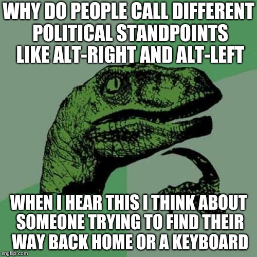 Philosoraptor | WHY DO PEOPLE CALL DIFFERENT POLITICAL STANDPOINTS LIKE ALT-RIGHT AND ALT-LEFT; WHEN I HEAR THIS I THINK ABOUT SOMEONE TRYING TO FIND THEIR WAY BACK HOME OR A KEYBOARD | image tagged in memes,philosoraptor | made w/ Imgflip meme maker