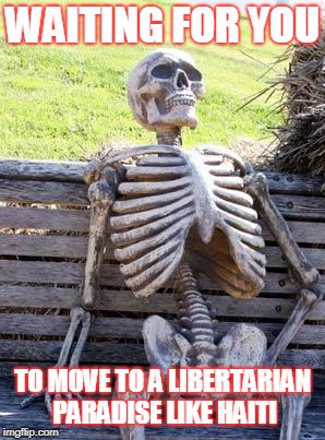 Waiting Skeleton Meme | WAITING FOR YOU TO MOVE TO A LIBERTARIAN PARADISE LIKE HAITI | image tagged in memes,waiting skeleton | made w/ Imgflip meme maker