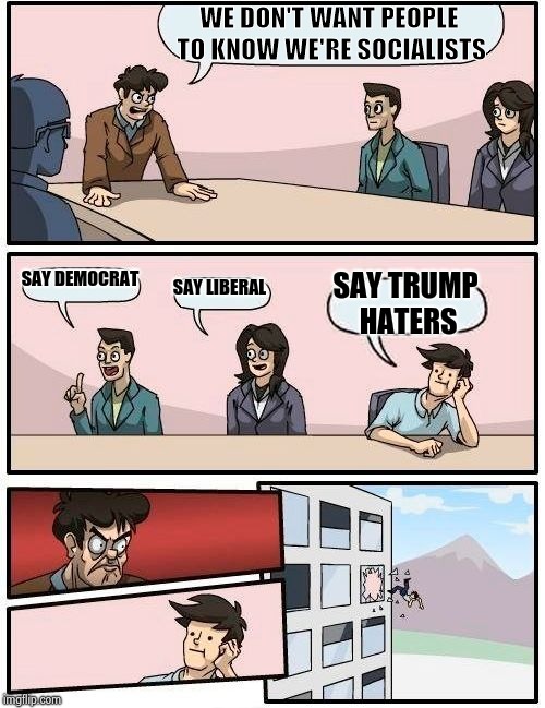 Boardroom Meeting Suggestion Meme | WE DON'T WANT PEOPLE TO KNOW WE'RE SOCIALISTS SAY DEMOCRAT SAY LIBERAL SAY TRUMP HATERS | image tagged in memes,boardroom meeting suggestion | made w/ Imgflip meme maker