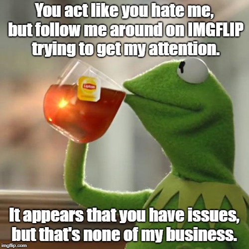 You know who you are. |  You act like you hate me, but follow me around on IMGFLIP trying to get my attention. It appears that you have issues, but that's none of my business. | image tagged in memes,but thats none of my business,kermit the frog,imgflip trolls,stalker | made w/ Imgflip meme maker