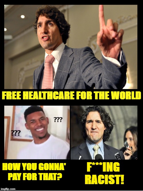 FREE HEALTHCARE | FREE HEALTHCARE FOR THE WORLD; HOW YOU GONNA' PAY FOR THAT? F***ING RACIST! | image tagged in justin trudeau | made w/ Imgflip meme maker