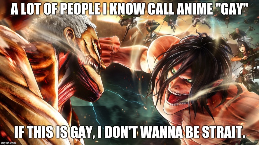 AoT | A LOT OF PEOPLE I KNOW CALL ANIME "GAY"; IF THIS IS GAY, I DON'T WANNA BE STRAIT. | image tagged in aot | made w/ Imgflip meme maker