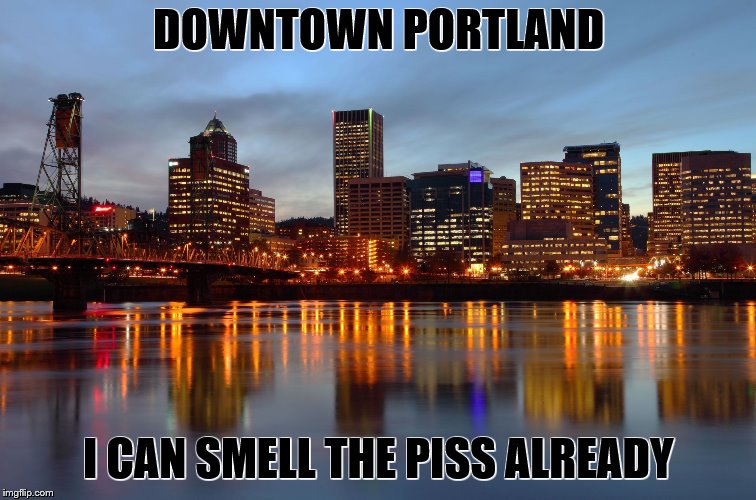 Portland Skyline | DOWNTOWN PORTLAND; I CAN SMELL THE PISS ALREADY | image tagged in portland skyline | made w/ Imgflip meme maker