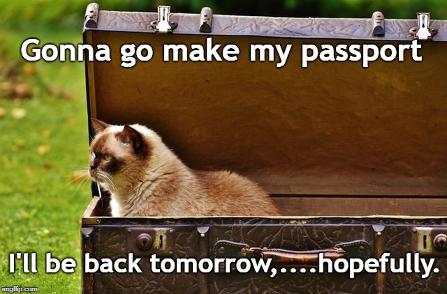 Gonna go make my passport; I'll be back tomorrow,....hopefully. | made w/ Imgflip meme maker