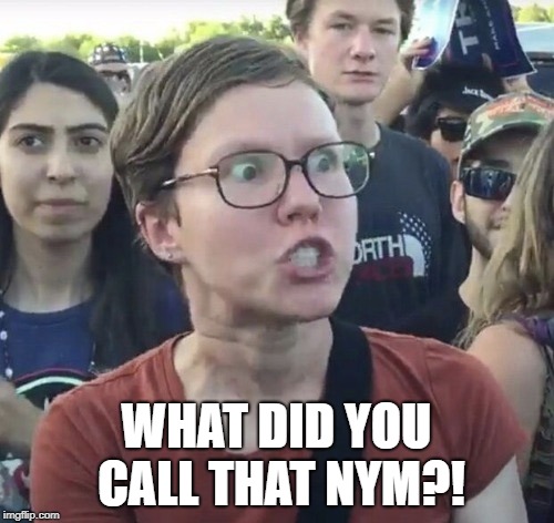 Triggered feminist | WHAT DID YOU CALL THAT NYM?! | image tagged in triggered feminist | made w/ Imgflip meme maker