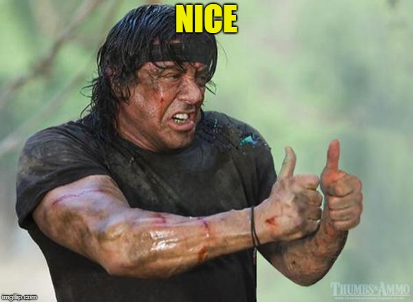 Sylvester Stallone Thumbs Up | NICE | image tagged in sylvester stallone thumbs up | made w/ Imgflip meme maker