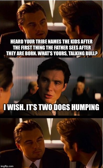 Just recycling an old joke | HEARD YOUR TRIBE NAMES THE KIDS AFTER THE FIRST THING THE FATHER SEES AFTER THEY ARE BORN. WHAT’S YOURS, TALKING BULL? I WISH. IT’S TWO DOGS HUMPING | image tagged in memes,inception | made w/ Imgflip meme maker