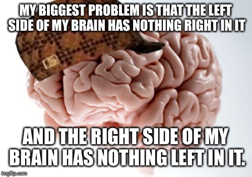 *sigh* | MY BIGGEST PROBLEM IS THAT THE LEFT SIDE OF MY BRAIN HAS NOTHING RIGHT IN IT; AND THE RIGHT SIDE OF MY BRAIN HAS NOTHING LEFT IN IT. | image tagged in memes,scumbag brain | made w/ Imgflip meme maker