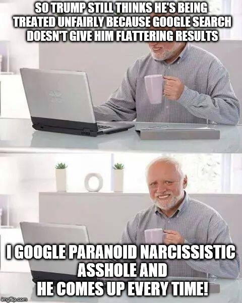 Or tangerine nightmare or idiot-in-chief or the Main Twit or whatever applies at the moment! | SO TRUMP STILL THINKS HE'S BEING TREATED UNFAIRLY BECAUSE GOOGLE SEARCH DOESN'T GIVE HIM FLATTERING RESULTS; I GOOGLE PARANOID NARCISSISTIC ASSHOLE AND HE COMES UP EVERY TIME! | image tagged in memes,hide the pain harold,dump trump,trump is a moron,social media | made w/ Imgflip meme maker