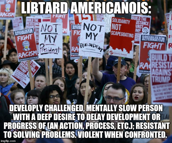 Anti Trump protest | LIBTARD AMERICANOIS:; DEVELOPLY CHALLENGED, MENTALLY SLOW PERSON WITH A DEEP DESIRE TO DELAY DEVELOPMENT OR PROGRESS OF (AN ACTION, PROCESS, ETC.); RESISTANT TO SOLVING PROBLEMS. VIOLENT WHEN CONFRONTED. | image tagged in anti trump protest | made w/ Imgflip meme maker