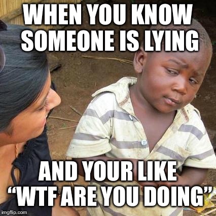 Third World Skeptical Kid | WHEN YOU KNOW SOMEONE IS LYING; AND YOUR LIKE “WTF ARE YOU DOING” | image tagged in memes,third world skeptical kid | made w/ Imgflip meme maker