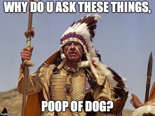 Indian Chief | WHY DO U ASK THESE THINGS, POOP OF DOG? | image tagged in indian chief | made w/ Imgflip meme maker
