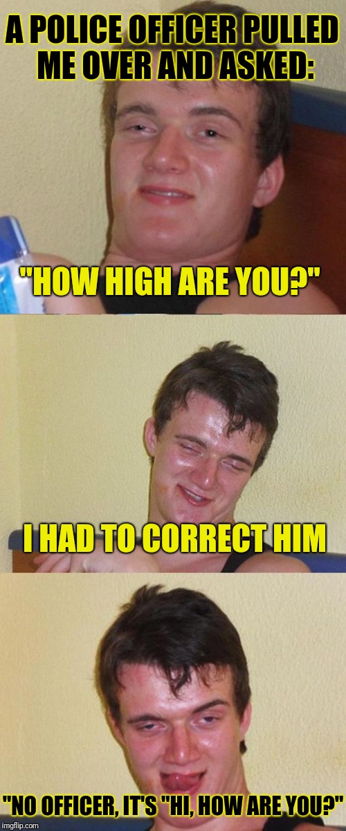Ask the correct questions, and you will get the correct answers | A POLICE OFFICER PULLED ME OVER AND ASKED:; "HOW HIGH ARE YOU?"; I HAD TO CORRECT HIM; "NO OFFICER, IT'S "HI, HOW ARE YOU?" | image tagged in bad pun 10 guy,memes,10 guy,pothead,conversation | made w/ Imgflip meme maker