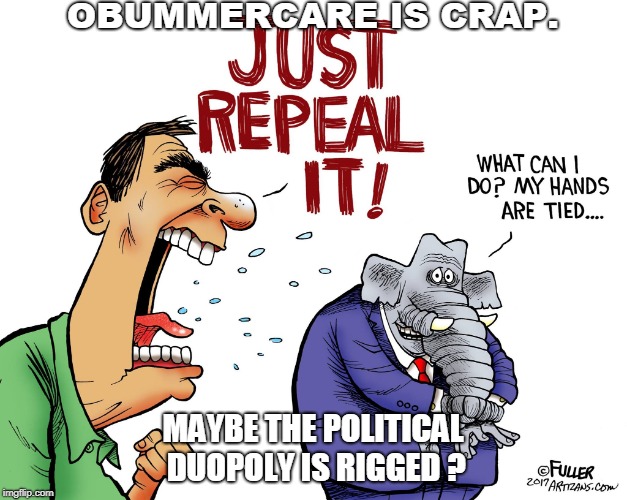 oblamercare sucks and the duopoly is rigged

 | OBUMMERCARE IS CRAP. MAYBE THE POLITICAL DUOPOLY IS RIGGED ? | image tagged in political duopoly,criminal do nothing congress,mcshame vote | made w/ Imgflip meme maker