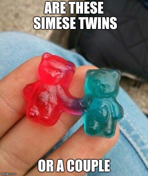 Vote witch it is in the comments | ARE THESE SIMESE TWINS; OR A COUPLE | image tagged in gummy bears | made w/ Imgflip meme maker